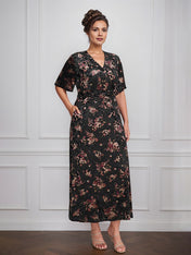 Vintage Plain V-Neck Short Sleeves Velvet Tea-Length Mother of the Bride Dress With Slit