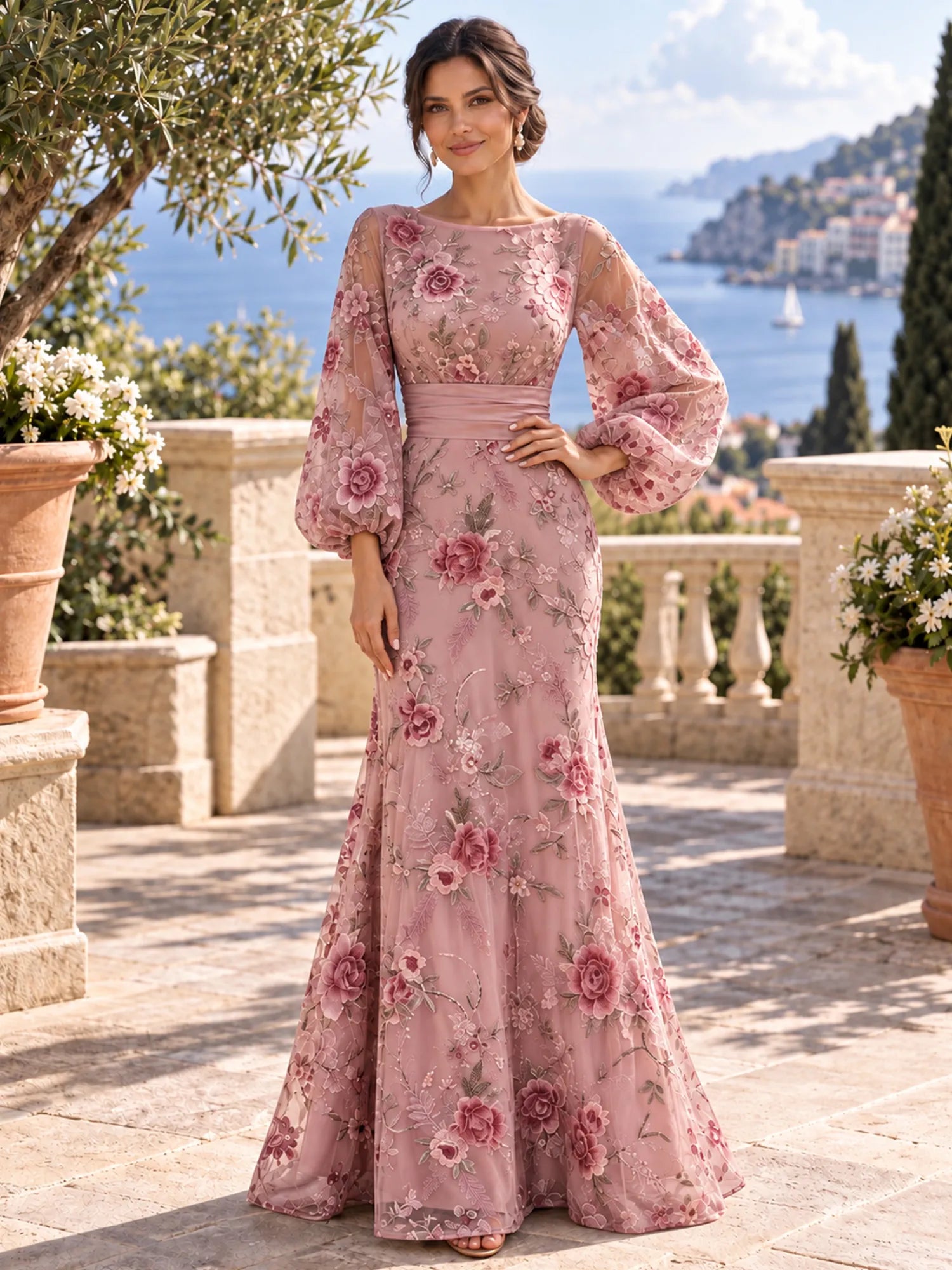 Boat Neck Long Sleeve Embroidered Mesh Evening Dress