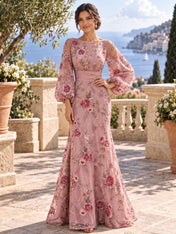 Boat Neck Long Sleeve Embroidered Mesh Evening Dress