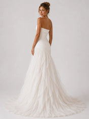 Strapless Ruched Drop-Waist Tulle Wedding Dress with Cascading Skirt and Chapel Train