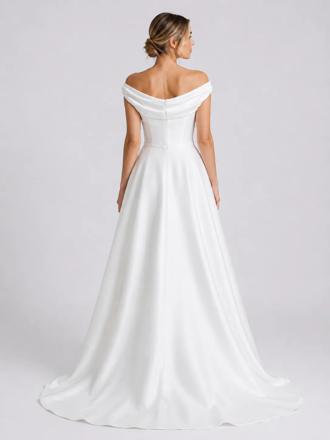 Elegant Off-Shoulder Satin A-Line Wedding Dress with Draped Neckline and Sweep Train