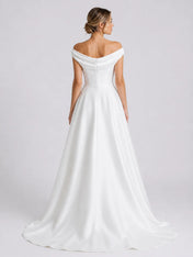 Elegant Off-Shoulder Satin A-Line Wedding Dress with Draped Neckline and Sweep Train
