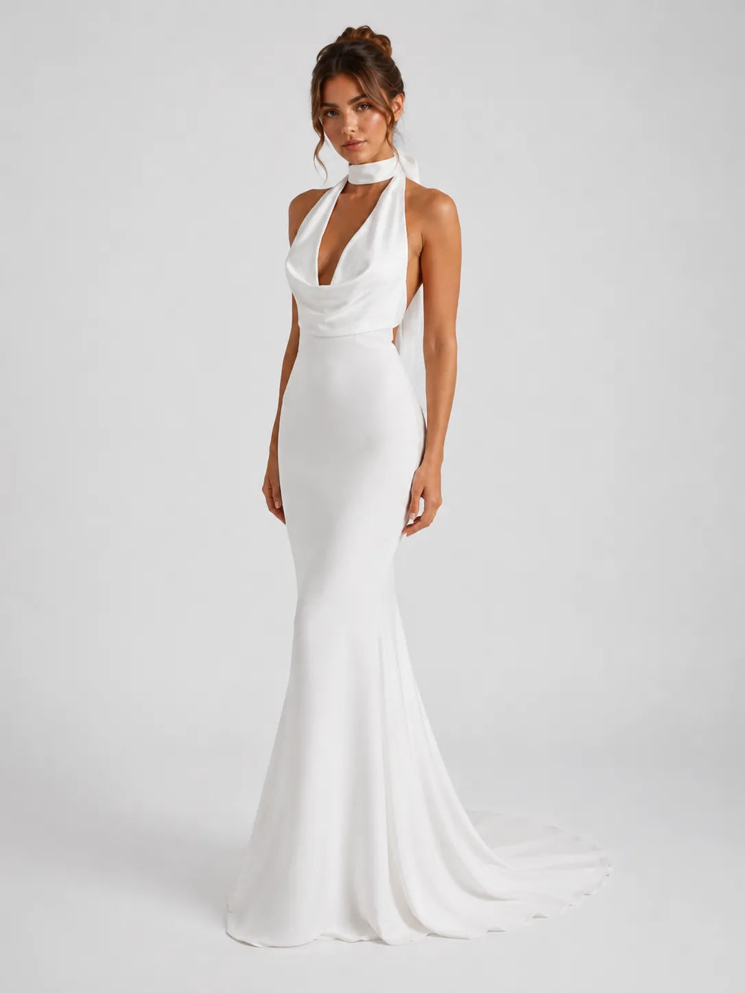 Elegant Halter Cowl Neck Mermaid Wedding Dress with Open Back and Neck-Tie Detail