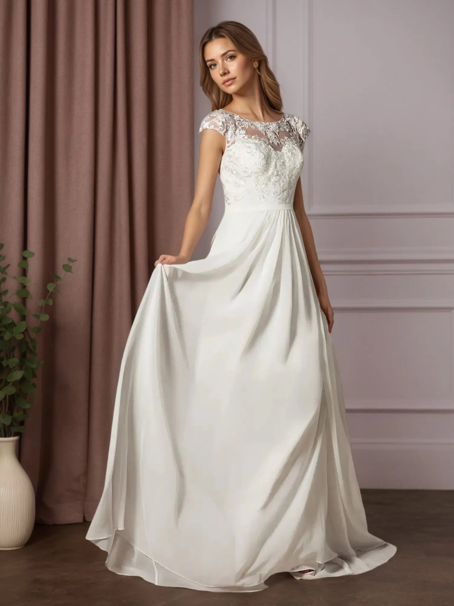 White A-Line Scoop Sequins Chiffon Wedding Dress
