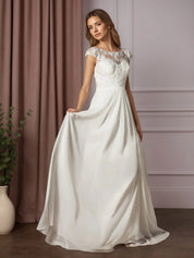 White A-Line Scoop Sequins Chiffon Wedding Dress