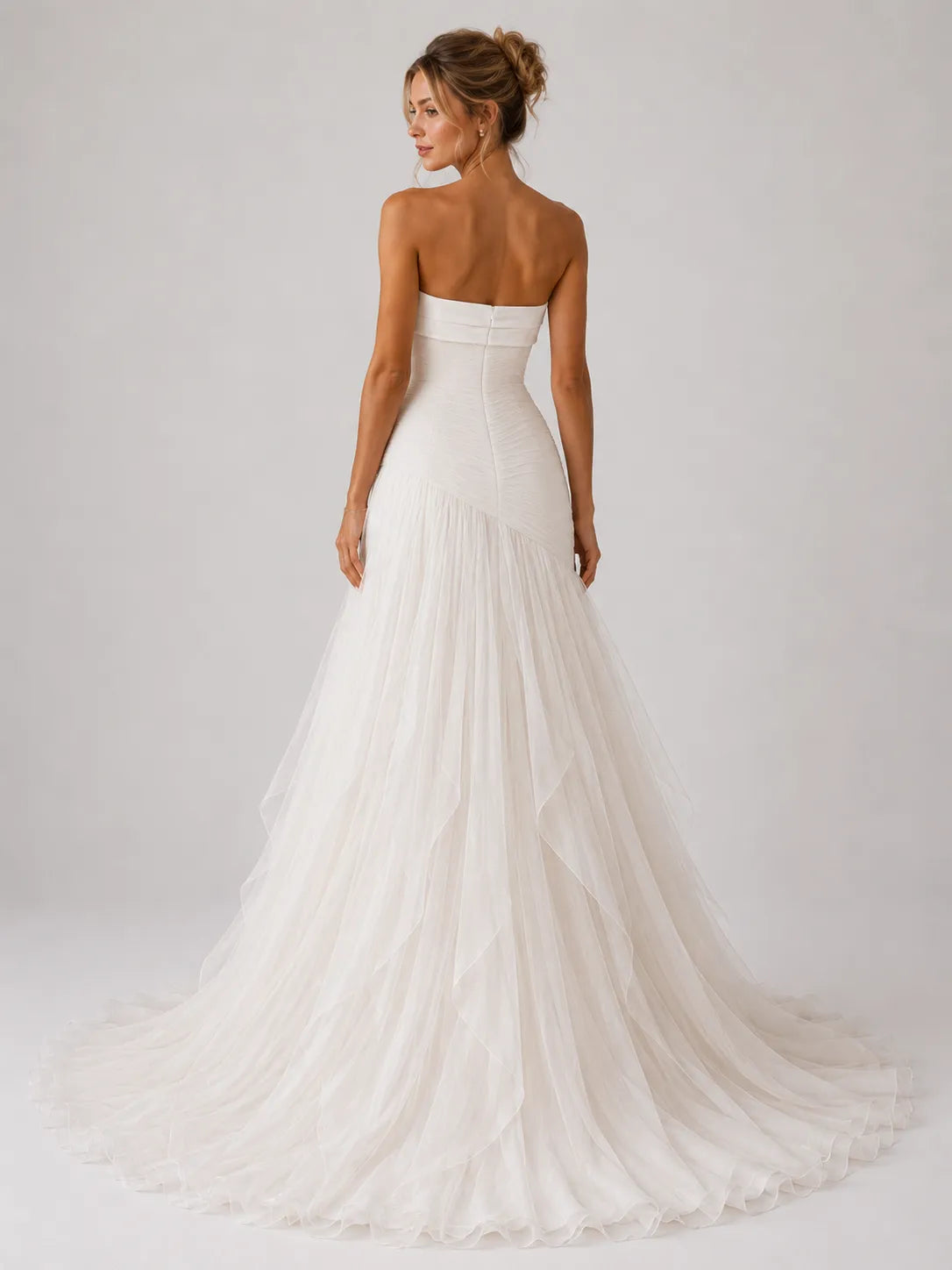 Strapless Ruched Drop-Waist Tulle Wedding Dress with Cascading Skirt and Chapel Train