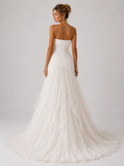 Strapless Ruched Drop-Waist Tulle Wedding Dress with Cascading Skirt and Chapel Train