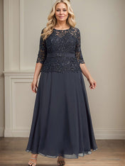A-line Scoop Illusion Ankle-Length Chiffon Lace Mother of the Bride Dress With Rhinestone Beading