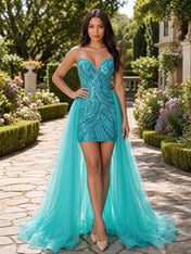 Sequin Plunging V-Neck Short Homecoming Dress with Detachable Ombre Tulle Over-Skirt