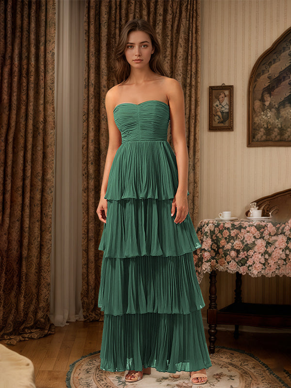 Burgundy A-Line Sweetheart Floor Length Tiered Chiffon Bridesmaid Dress