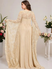 A-line Square Floor-Length Chiffon Lace Evening Dress With Beading Pleated