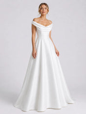 Elegant Off-Shoulder Satin A-Line Wedding Dress with Draped Neckline and Sweep Train