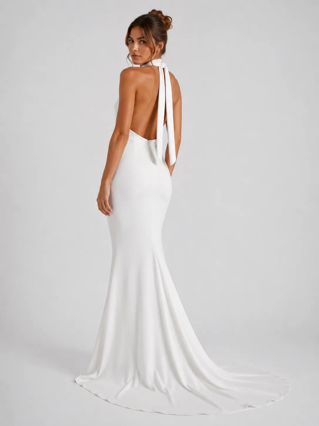 Elegant Halter Cowl Neck Mermaid Wedding Dress with Open Back and Neck-Tie Detail