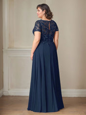 Dark Navy A-Line Boatneck Sequins Chiffon Dress