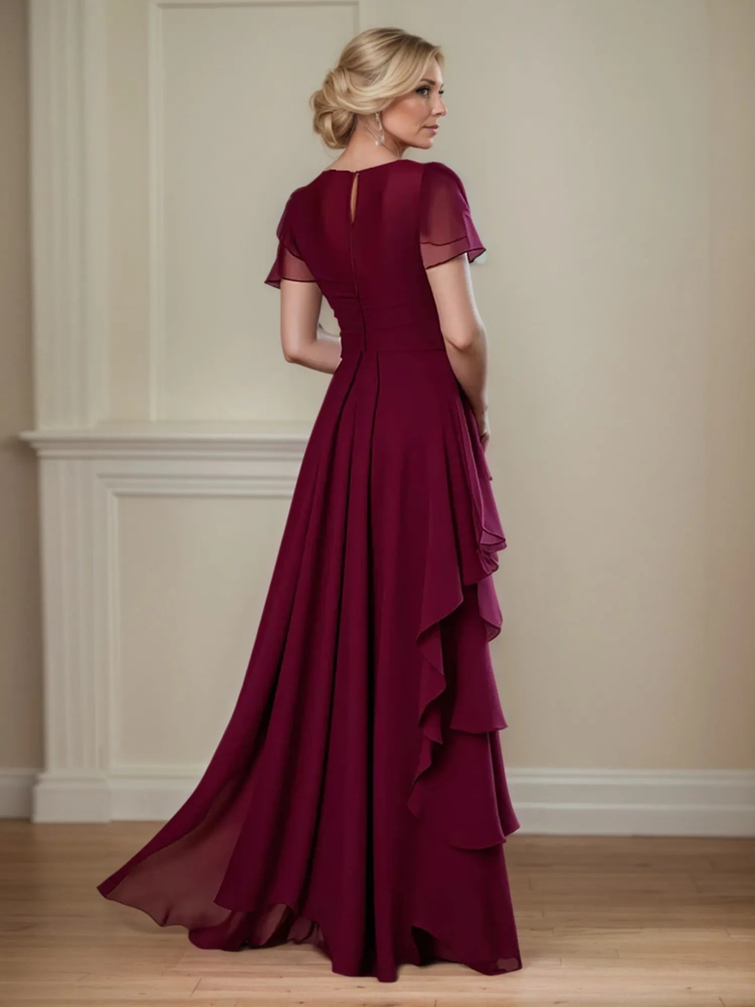 A Line Scoop Neck Short Sleeve Chiffon Mother of the Bride Dress With Ruffles