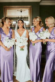 Sheath V Neck Sage Green Silk Satin Bridesmaid Dress with Bow