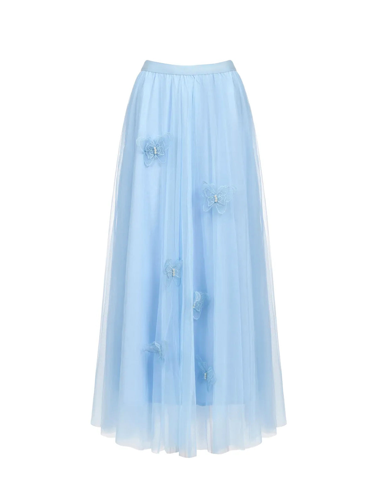 Blue Long Sleeve Folds Lace Butterfly Top And Skirt Two-Piece Set