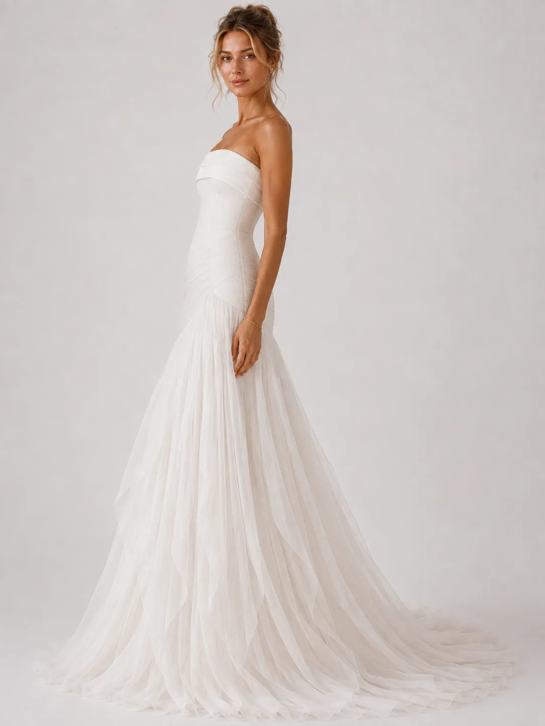 Strapless Ruched Drop-Waist Tulle Wedding Dress with Cascading Skirt and Chapel Train