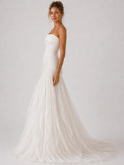 Strapless Ruched Drop-Waist Tulle Wedding Dress with Cascading Skirt and Chapel Train