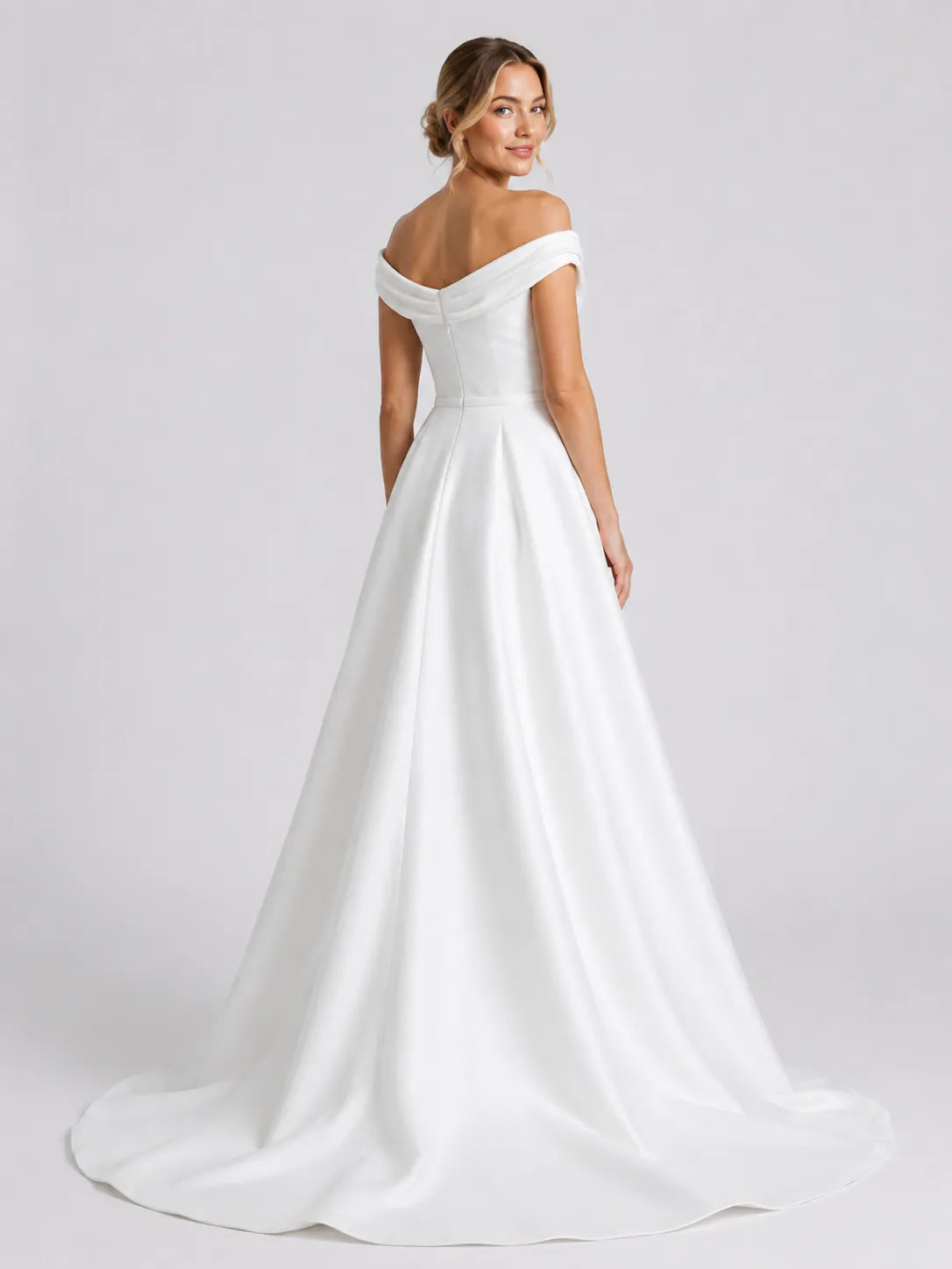 Elegant Off-Shoulder Satin A-Line Wedding Dress with Draped Neckline and Sweep Train
