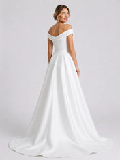 Elegant Off-Shoulder Satin A-Line Wedding Dress with Draped Neckline and Sweep Train