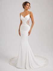 Elegant Spaghetti Strap Mermaid Wedding Dress with Lace Cutouts and Open Back