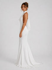 Elegant Halter Cowl Neck Mermaid Wedding Dress with Open Back and Neck-Tie Detail