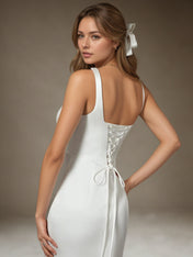 White Mermaid Square Neckline Double Faced Satin Wedding  Dress
