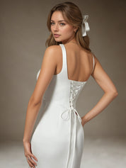 White Mermaid Square Neckline Double Faced Satin Wedding  Dress