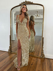 Mermaid V-Neck Backless Long Tight Sequin Prom Dress