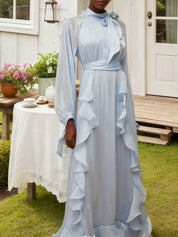 Blue Glossy Pleated Maxi Dress