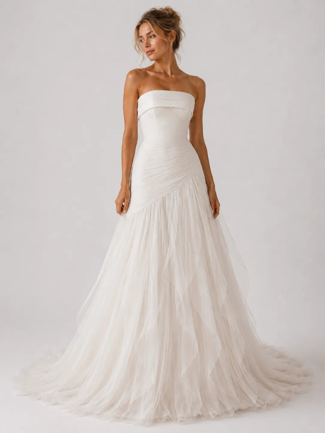 Strapless Ruched Drop-Waist Tulle Wedding Dress with Cascading Skirt and Chapel Train