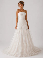 Strapless Ruched Drop-Waist Tulle Wedding Dress with Cascading Skirt and Chapel Train