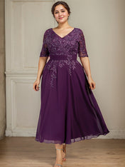 A-line V-Neck Tea-Length Lace Chiffon Mother of the Bride Dress With Sequins