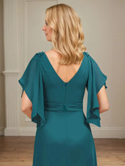 A Line V Neck Appliqued Floor Length Mother of the Bride Dress with Ruffles