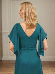 A Line V Neck Appliqued Floor Length Mother of the Bride Dress with Ruffles