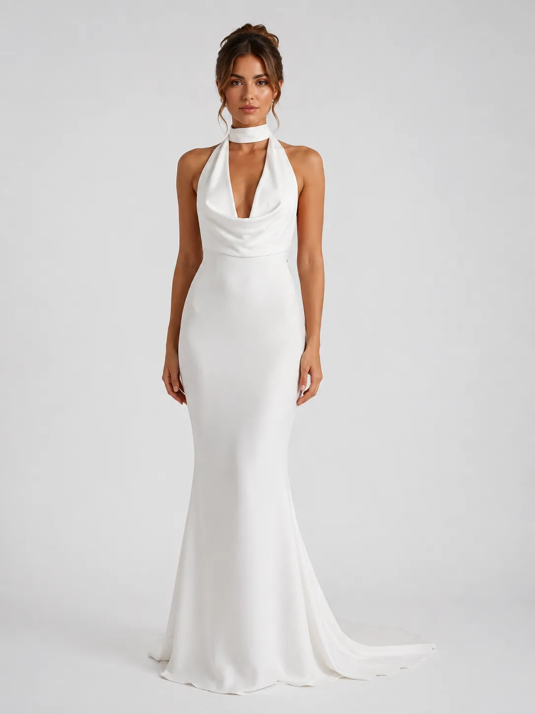 Elegant Halter Cowl Neck Mermaid Wedding Dress with Open Back and Neck-Tie Detail