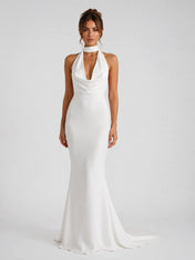 Elegant Halter Cowl Neck Mermaid Wedding Dress with Open Back and Neck-Tie Detail