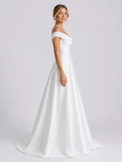 Elegant Off-Shoulder Satin A-Line Wedding Dress with Draped Neckline and Sweep Train
