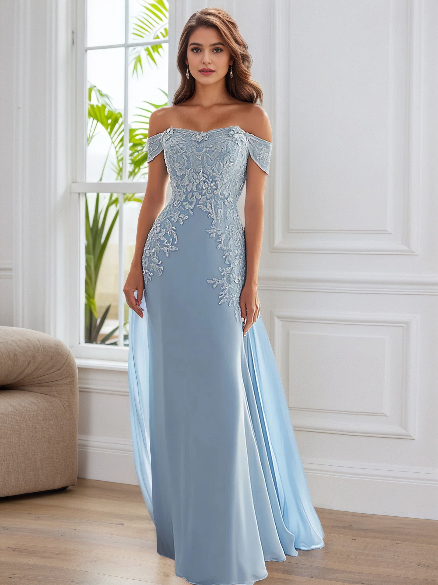 Elegant Off the Shoulder Chiffon Sheath Long Mother of the Bride with Lace Appliques