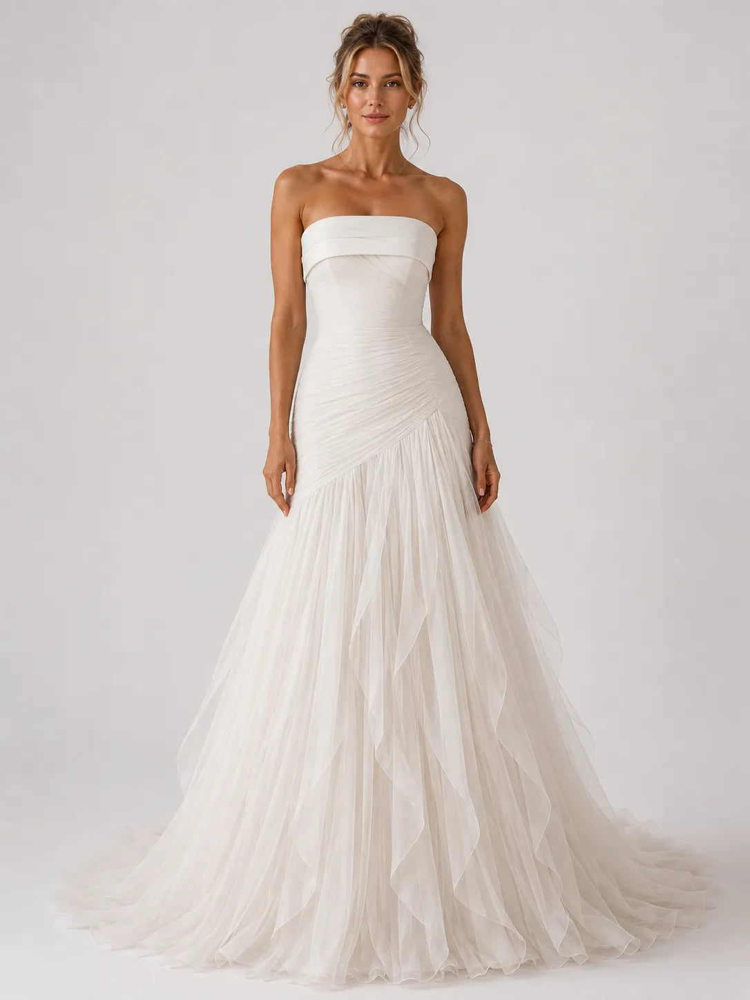Strapless Ruched Drop-Waist Tulle Wedding Dress with Cascading Skirt and Chapel Train