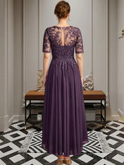 A-line Scoop Illusion Asymmetrical Chiffon Lace Mother of the Bride Dress With Sequins