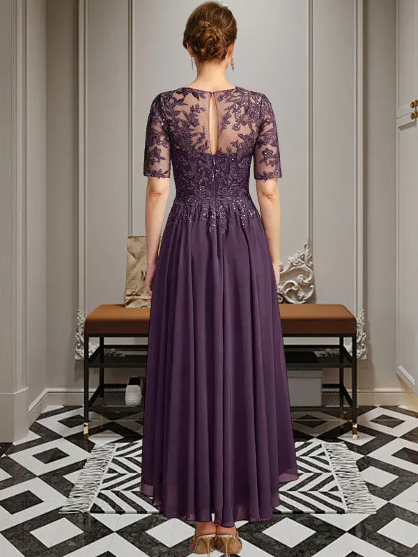 Robe de mère de la mariée asymétrique en mousseline de soie et dentelle, coupe trapèze, décolleté en V, illusion, avec paillettes 