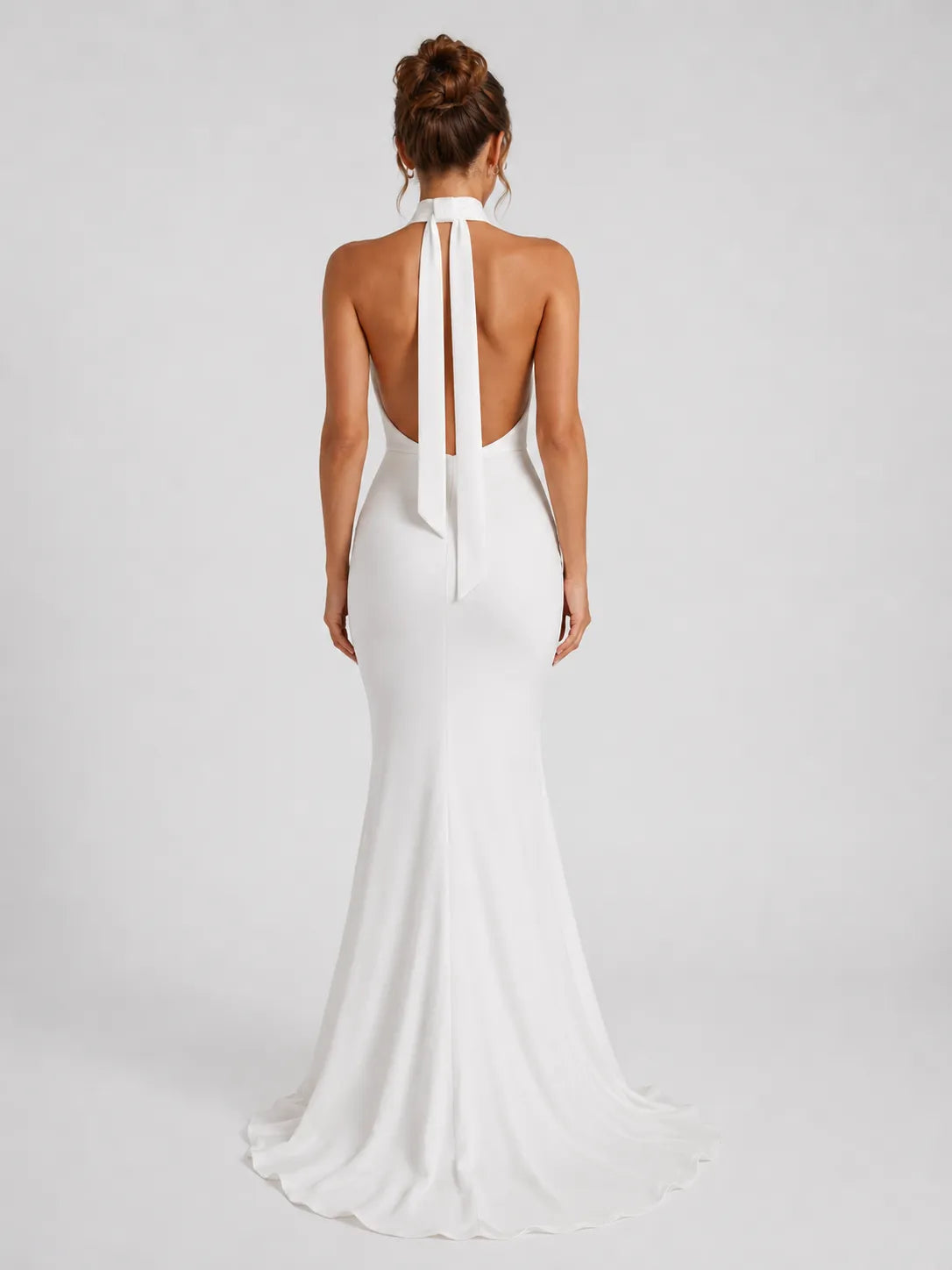 Elegant Halter Cowl Neck Mermaid Wedding Dress with Open Back and Neck-Tie Detail