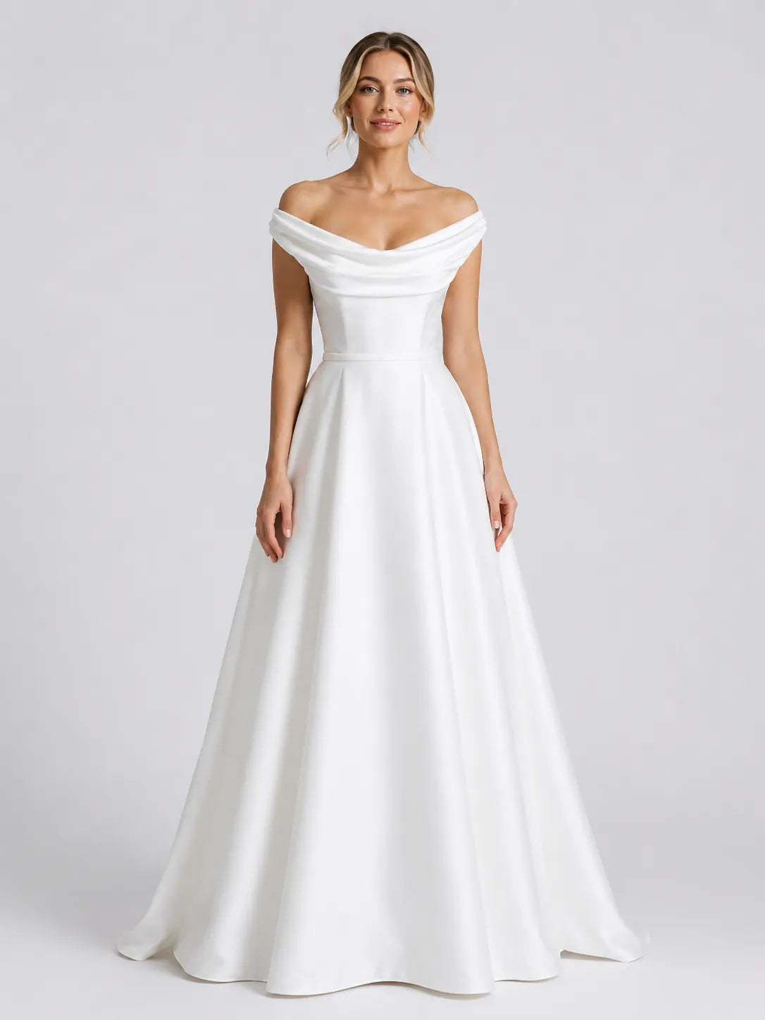 Elegant Off-Shoulder Satin A-Line Wedding Dress with Draped Neckline and Sweep Train
