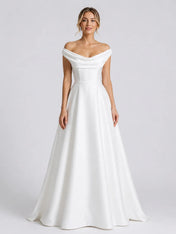 Elegant Off-Shoulder Satin A-Line Wedding Dress with Draped Neckline and Sweep Train