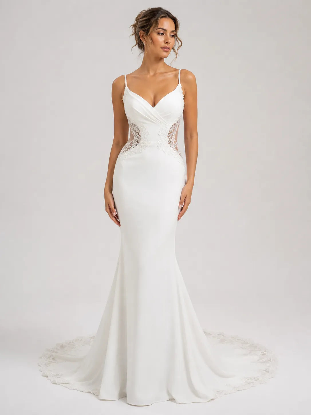 Elegant Spaghetti Strap Mermaid Wedding Dress with Lace Cutouts and Open Back