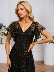 Sheath/Column Illusion V-Neck Floor-Length Sequin Chiffon Lace Evening Dress With Overskirt