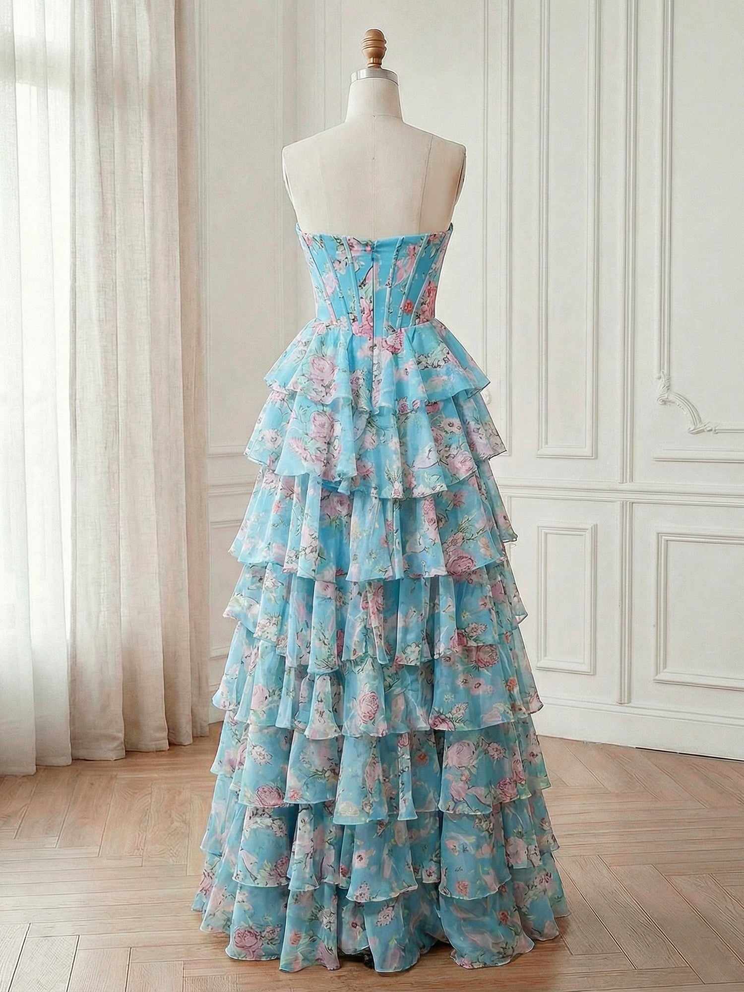 Blue A-Line Strapless Print Ruffles Tiered Long Prom Dress