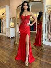 Red Mermaid Strapless Corset Beaded Prom Dress with Slit